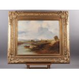 A 19th century oil on canvas coastal landscape with distant church and figures, 16 1/2" x 20", in