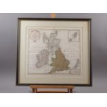Isaak Tirion: 18th century hand-coloured map "Groot Brittannien", in ebonised and gilt frame