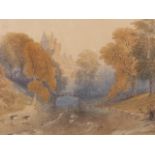 Follower of Girtin: watercolours, Highland castle by a river, 10 1/2" x 14", in gilt frame