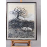 K C, '87: pen, wash and pastels, "Sheep in the Lee", 20 1/2" x 15 1/2", in ebonised frame, and V H
