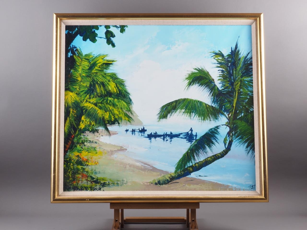 Kenneth Abendana Spencer: oil on canvas, Jamaican coastal scene with palm trees and boats, 23 1/4" x