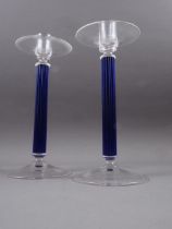 A pair of Murano glass candlesticks with blue ribbed stems, 13" high