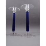A pair of Murano glass candlesticks with blue ribbed stems, 13" high