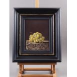 Roy Barley, 1995: oil on board, still life of grapes on a slab, 9 1/2" x 7 1/2", in ebonised frame