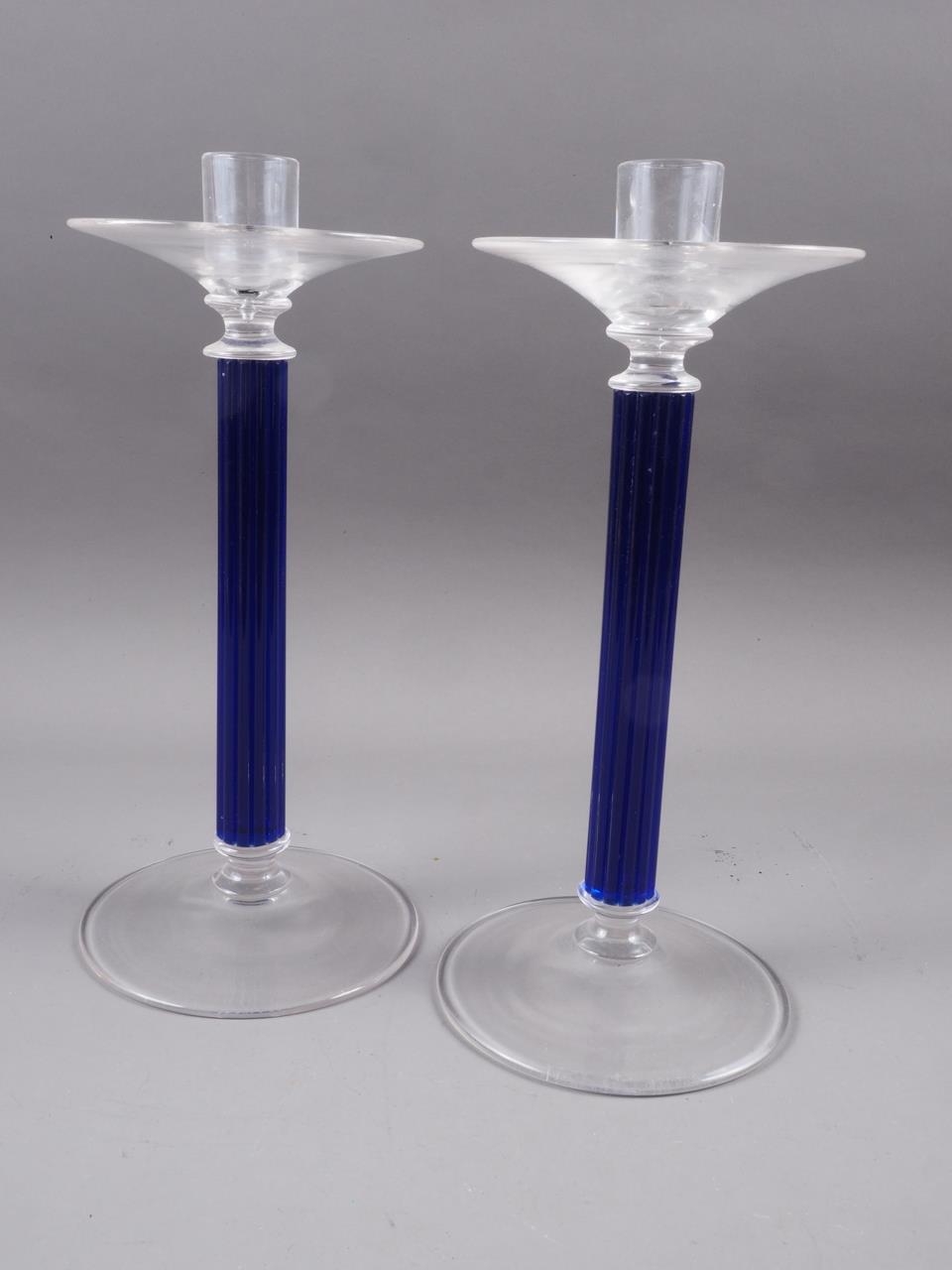 A pair of Murano glass candlesticks with blue ribbed stems, 13" high - Image 2 of 2