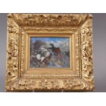 A 19th century miniature, study of a battle, 2 1/2" x 3 1/2", in acanthus leaf decorated gilt frame