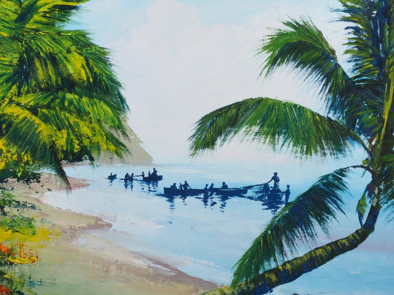 Kenneth Abendana Spencer: oil on canvas, Jamaican coastal scene with palm trees and boats, 23 1/4" x - Image 2 of 5