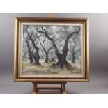 Mid 20th century impressionist oil, woodland scene with figures, 17" x 21", indistinctly signed,