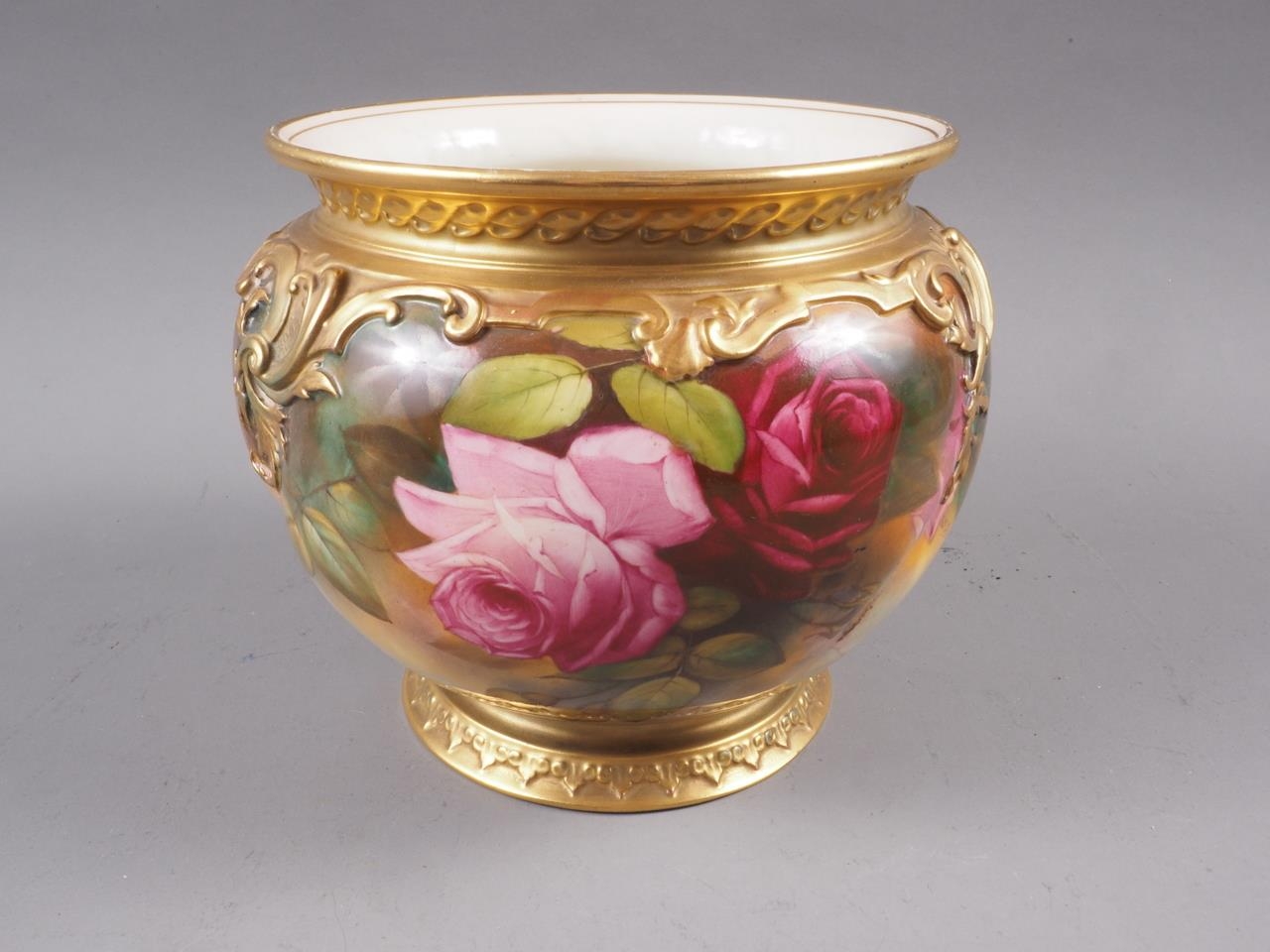 An early 20th century Royal Worcester bone china W H Austin rose decorated jardiniere, 6 1/2"