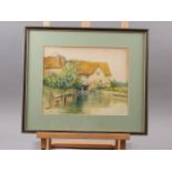 F Beswick, 1900: watercolours, water mill with figures fishing, 9" x 11", in ebonised and gilt frame