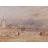 English early 19th century school: watercolours, Dutch coastal scene, 11 1/2" x 18 1/2", in gilt