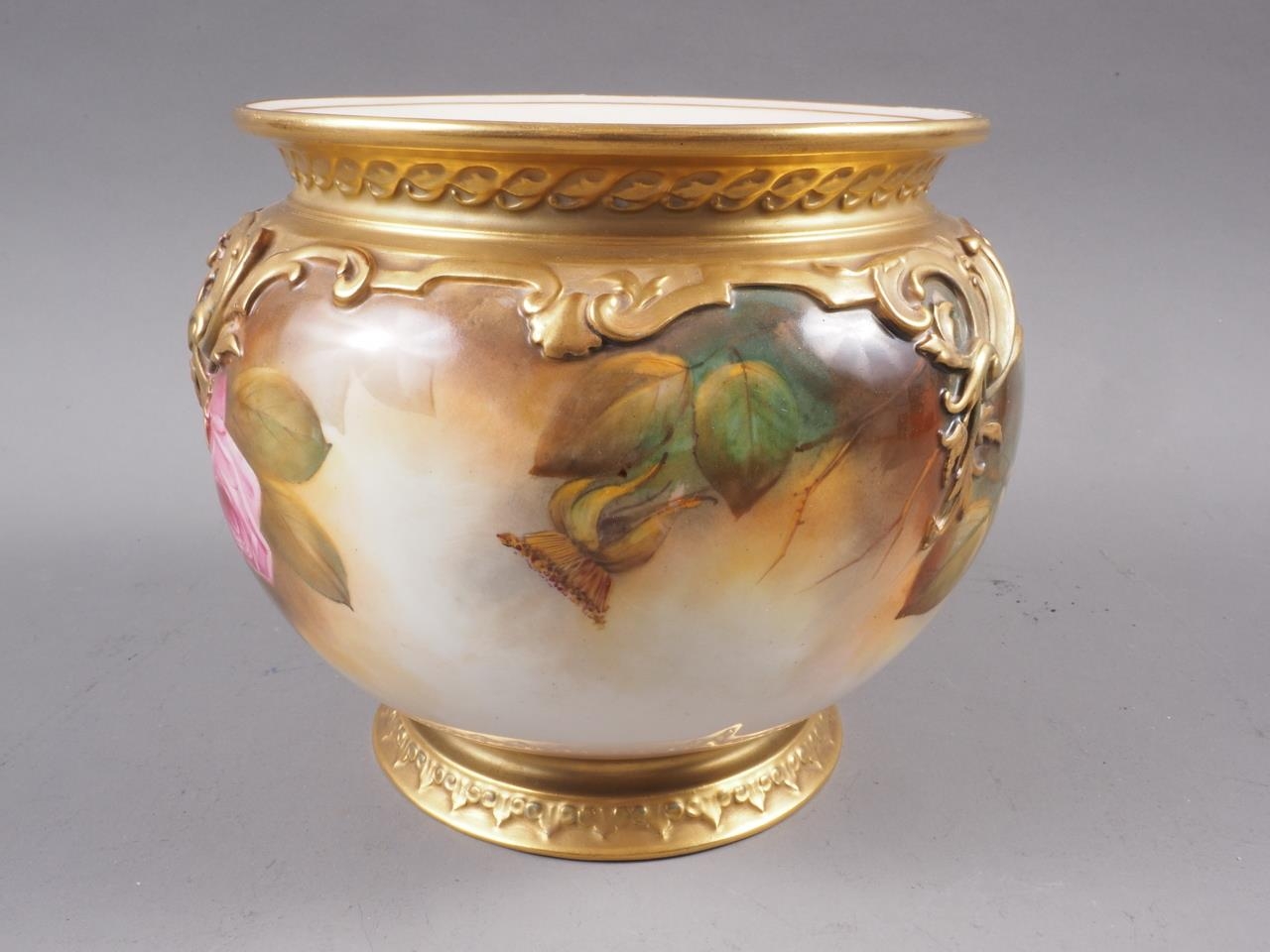 An early 20th century Royal Worcester bone china W H Austin rose decorated jardiniere, 6 1/2" - Image 3 of 5