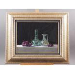 Roy Barley, '04: oil on board, still life of grapes and glass vases, 11" x 15", in deep gilt frame