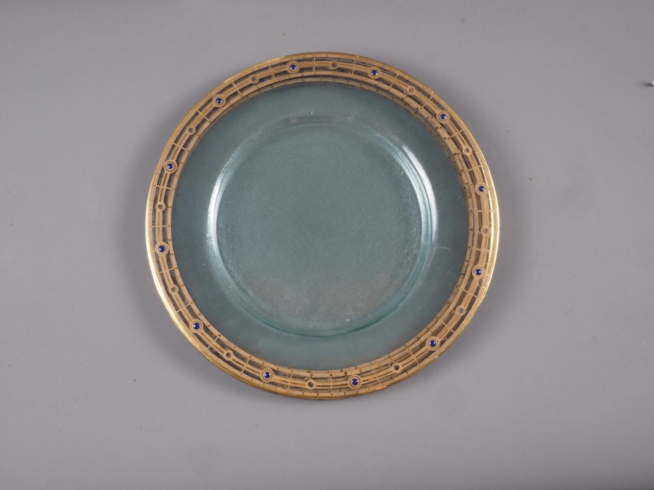 A set of four gilt and enamel decorated glass platters, 14" dia, and a Boda glass landscape vase - Image 2 of 3