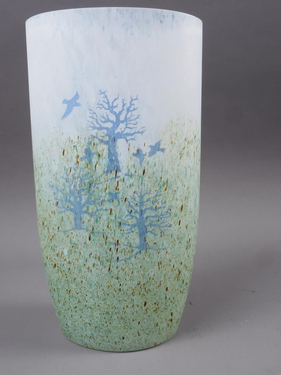 A set of four gilt and enamel decorated glass platters, 14" dia, and a Boda glass landscape vase - Image 3 of 3