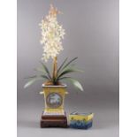 A porcelain yellow ground blue and white decorated two-handled jardiniere, on carved hardwood stand,