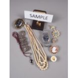 A faux pearl necklace, a cameo brooch and other costume jewellery, etc