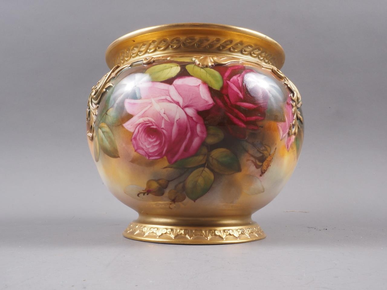 An early 20th century Royal Worcester bone china W H Austin rose decorated jardiniere, 6 1/2" - Image 2 of 5