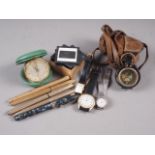 Three gold coloured Messenger pens, two other pens, three lady's wristwatches, a gentleman's