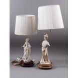 Two table lamps with figures, on hardwood bases, larger 24" high