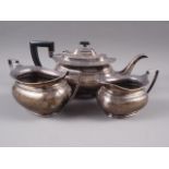 A silver three-piece teaset with banded design, 35.3oz troy approx