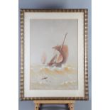 A watercolour, fishing boats in a choppy sea, 12" x 14", in gilt frame, and a framed print of