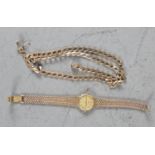 A 20" yellow gold 9ct gold flat curb link necklace, 26g, and a lady's Longines wristwatch, on 9ct