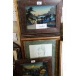 A pair of Japanese landscape paintings on glass and a set of four modern limited edition