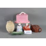 A Chinese Yixing teapot with seal mark to base (cracked), a Wade model bridge, a caneware jar and