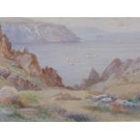 M O Wigmore: watercolours, coastal scene, 9 1/2" x 15", in gilt frame, A E Newcombe: