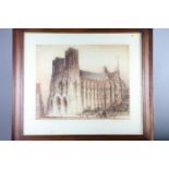 A pencil signed coloured etching of Rheims Cathedral, 26" x 30", in oak frame, and a smaller etching
