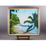 Kenneth Abendana Spencer: oil on canvas, Jamaican coastal scene with palm trees and boats, 23 1/4" x