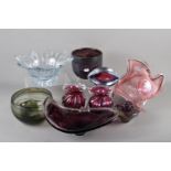 Five modern coloured glass bowls, three vases, etc