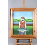 Peter Heard: oil on board, "Man with Fish", Portal Gallery label verso, 15" x 13", in strip frame