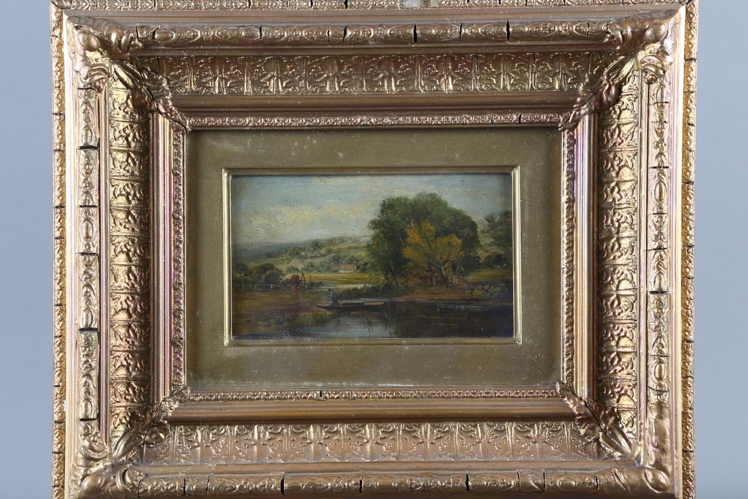 English mid 19th century: oil on board, rural landscape with punt and distant building, 4 1/4" x 7