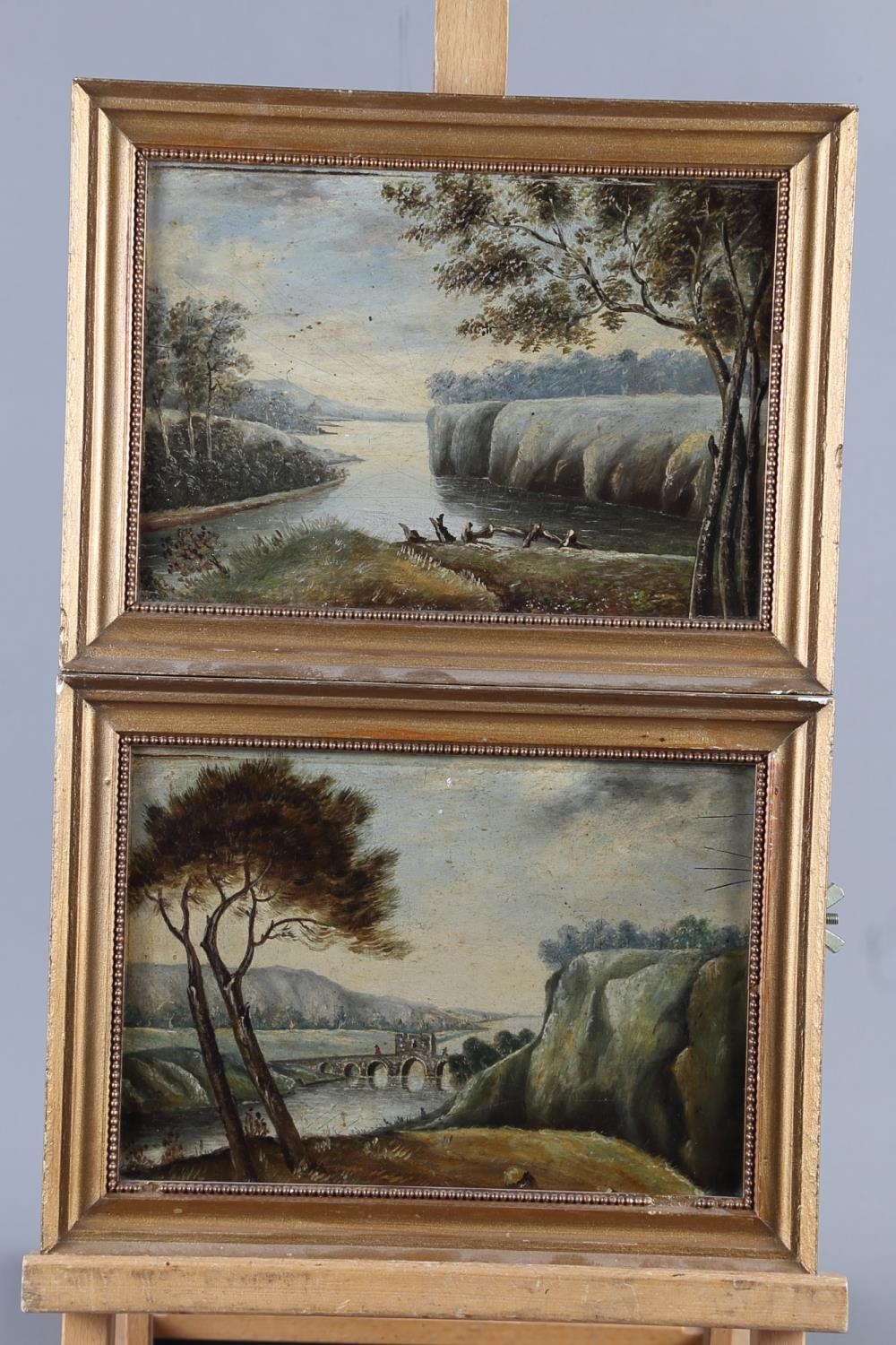 A pair of 19th century oils on card landscapes, 6 1/4" x 9 1/2", in gilt frames