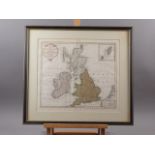 Isaak Tirion: 18th century hand-coloured map "Groot Brittannien", in ebonised and gilt frame, and