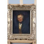 A mid 19th century oil on board of an unknown gentleman with yellow waistcoat, 8 1/2" x 6 1/2", in