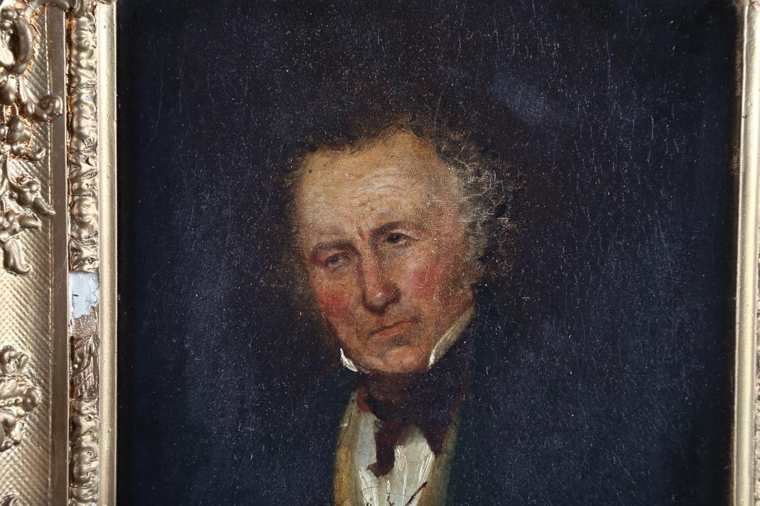 A mid 19th century oil on board of an unknown gentleman with yellow waistcoat, 8 1/2" x 6 1/2", in - Bild 2 aus 3