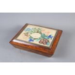 A 19th century rectangular rosewood workbox with lid inset a watercolour of flowers