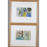 Lumala Maikin, '08: two woodcuts, "Untitled" 3/4, and "Happy Basket" 3/3, in strip frames, and a
