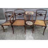 Three grained as rosewood side chairs and a stick back chair with padded seat