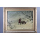 M Blatchford, 1876: oil on canvas, winter scene, man with donkey, 15 1/2" x 21 1/2", in gilt frame