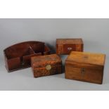 A two-compartment stationery holder, a 19th century walnut workbox, another workbox, decorated