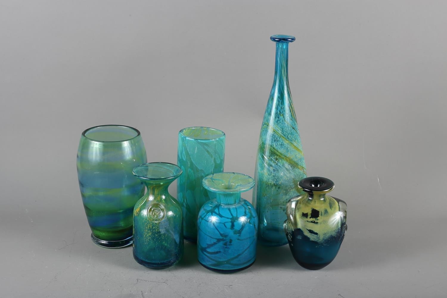 A Mdina blue, green and yellow triangular glass vase, 14 3/4" high, a Mdina blue and yellow "