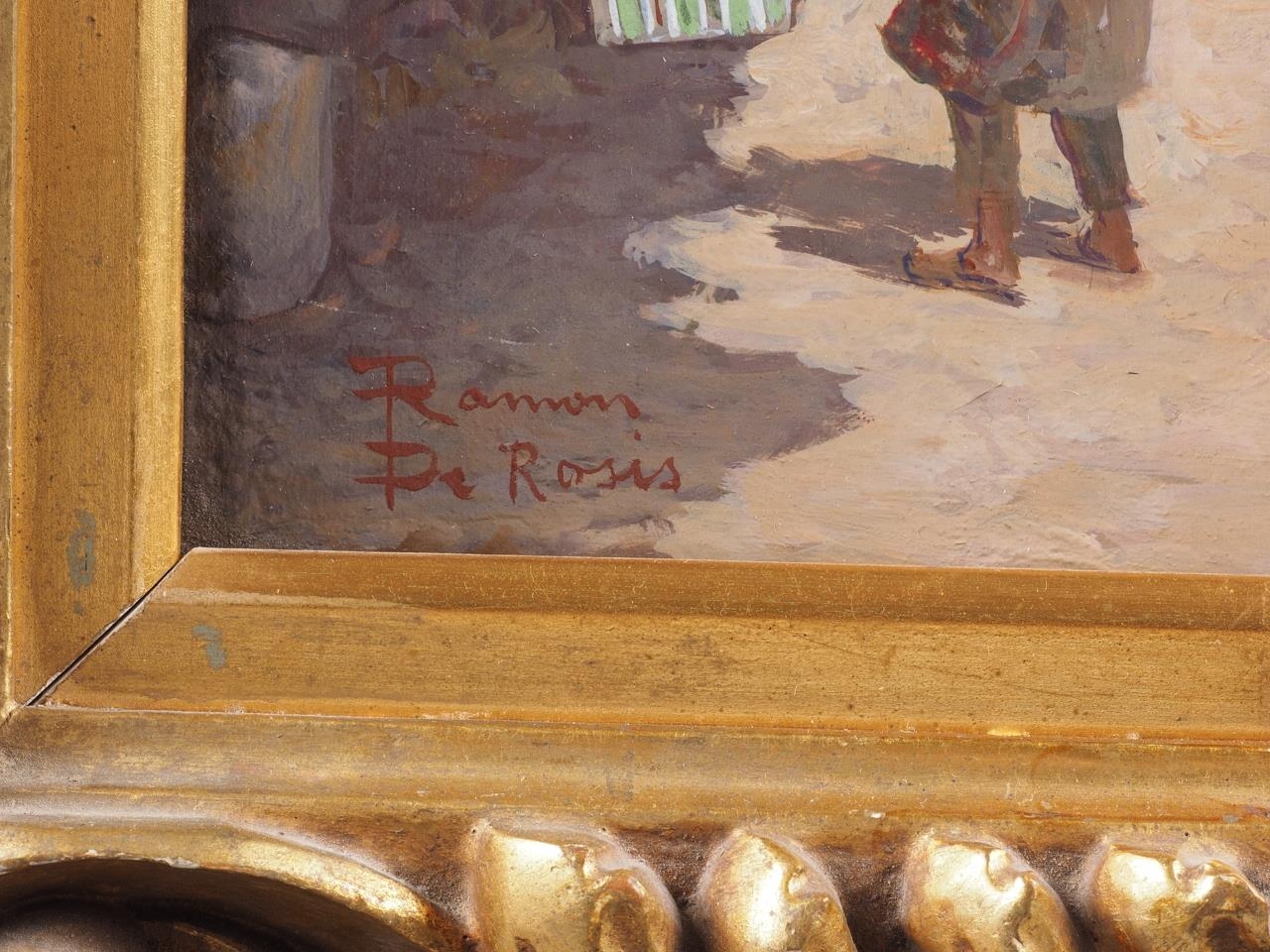 Ramon De Rosis: oil on board, Middle Eastern market scene, 9" x 13", in Florentine carved giltwood - Bild 3 aus 3