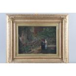 A 19th century oil painting, two figures in a garden "Convalescence", 10" x 13", a 19th century