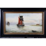 H Dow: oil on canvas, coastal scene, 10" x 19", in black frame, an early 20th century framed