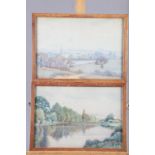 J Hull, 1936: two watercolours, river scene and landscape with distant church, 7" x 10", in strip