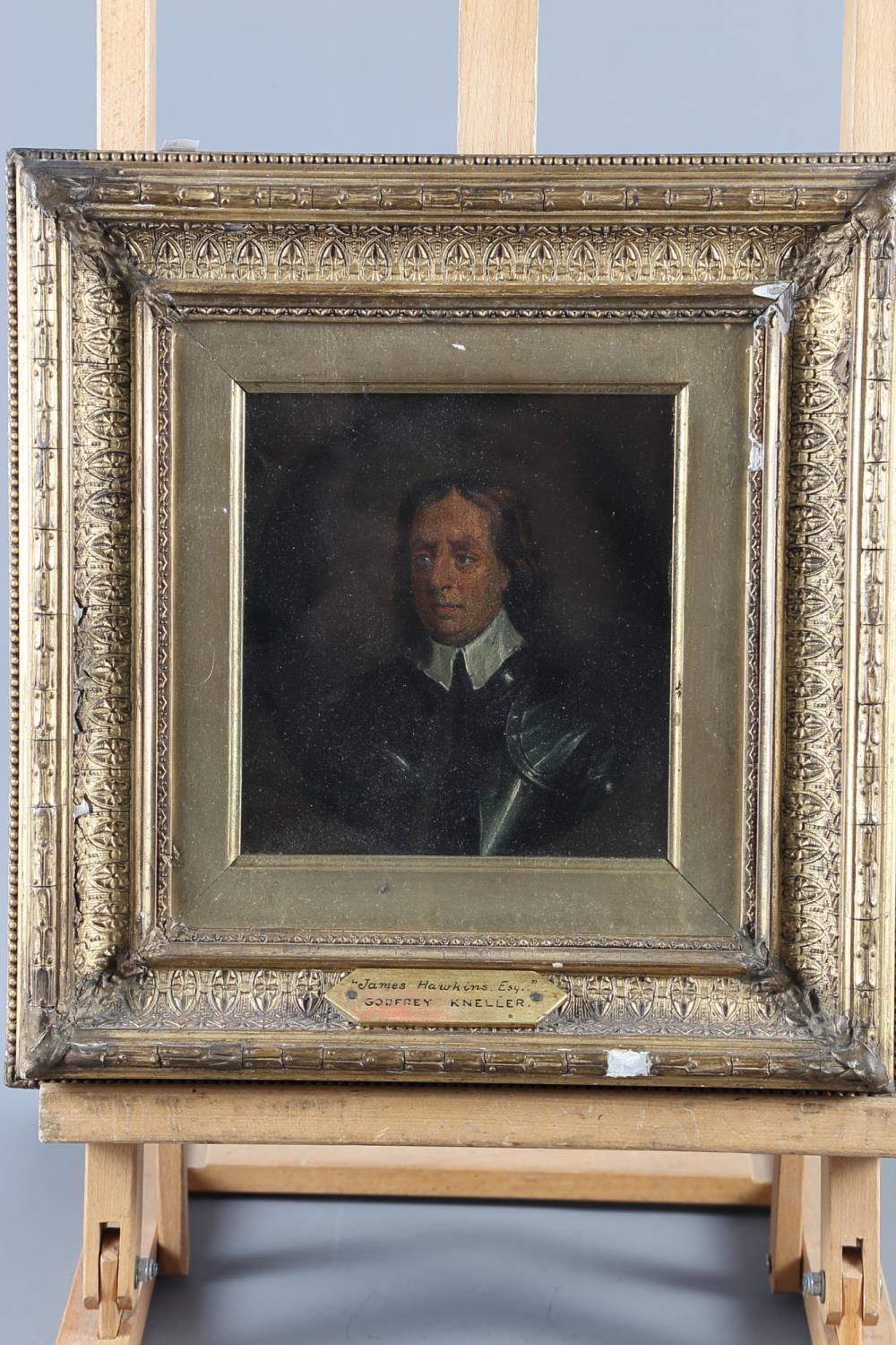 Circle of Godfrey Kneller, oil on panel, "James Hawkins Esq", 6 1/4" x 6, in deep gilt frame